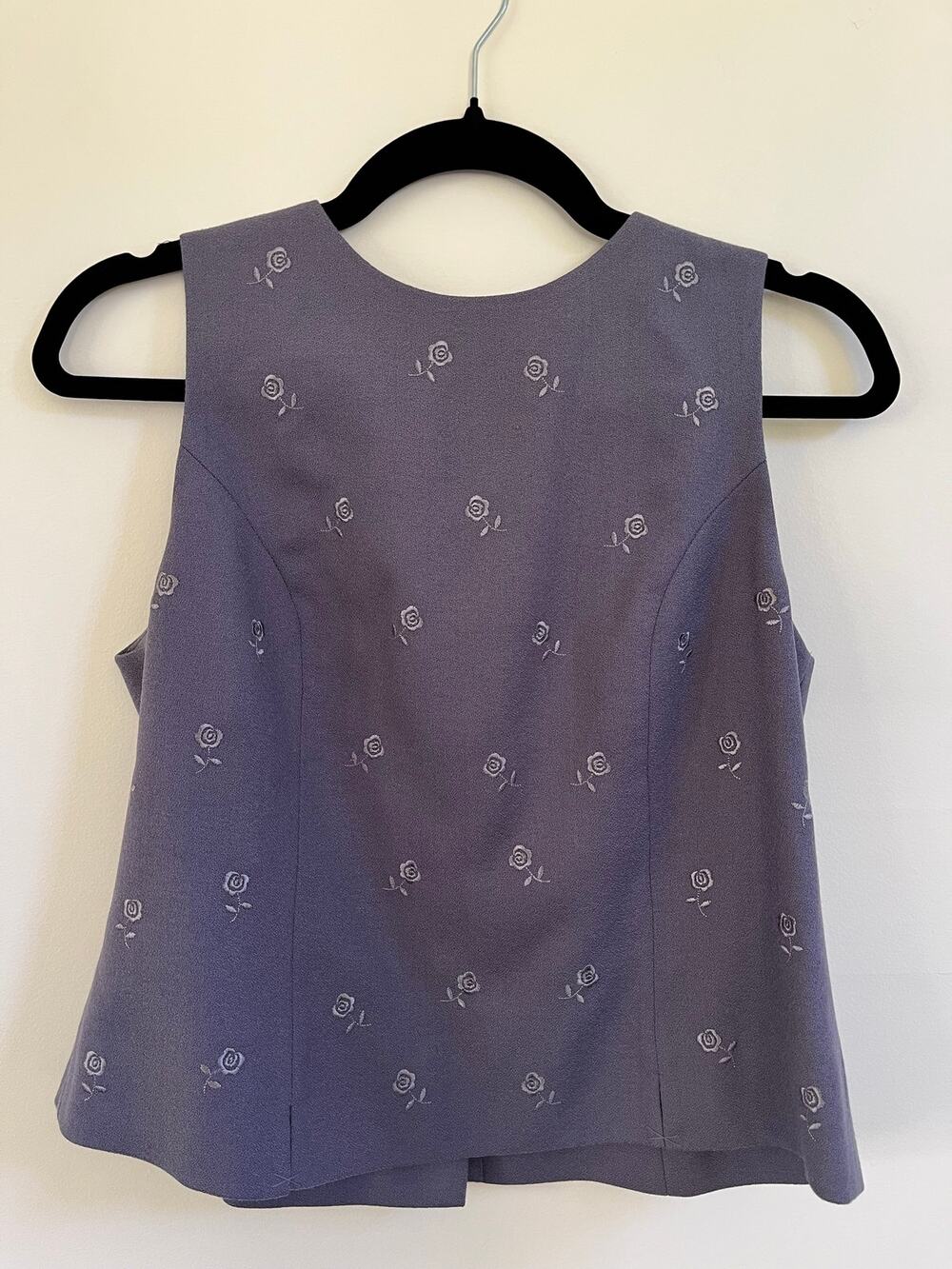 Vtg Amanda Smith Wool Top Sleeveless Blue Grey Embroidered Rose Floral Sz 6P